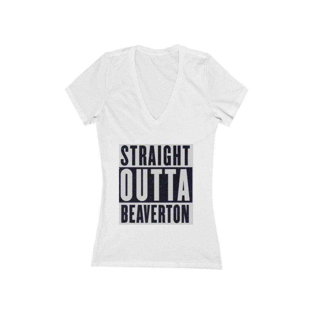 Straight Outta Beaverton Women's Jersey Short Sleeve Deep V-Neck Tee Gry - Munchkin Place Shop 