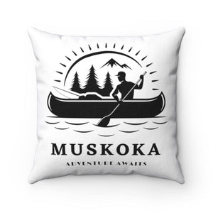 Muskoka Adventure Awaits 14 by14 inch Square Pillow White - Munchkin Place Shop 