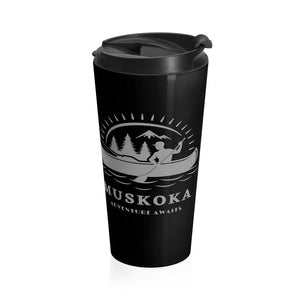 Muskoka Adventure Awaits Black and Gray Stainless Steel Travel Mug - Munchkin Place Shop 