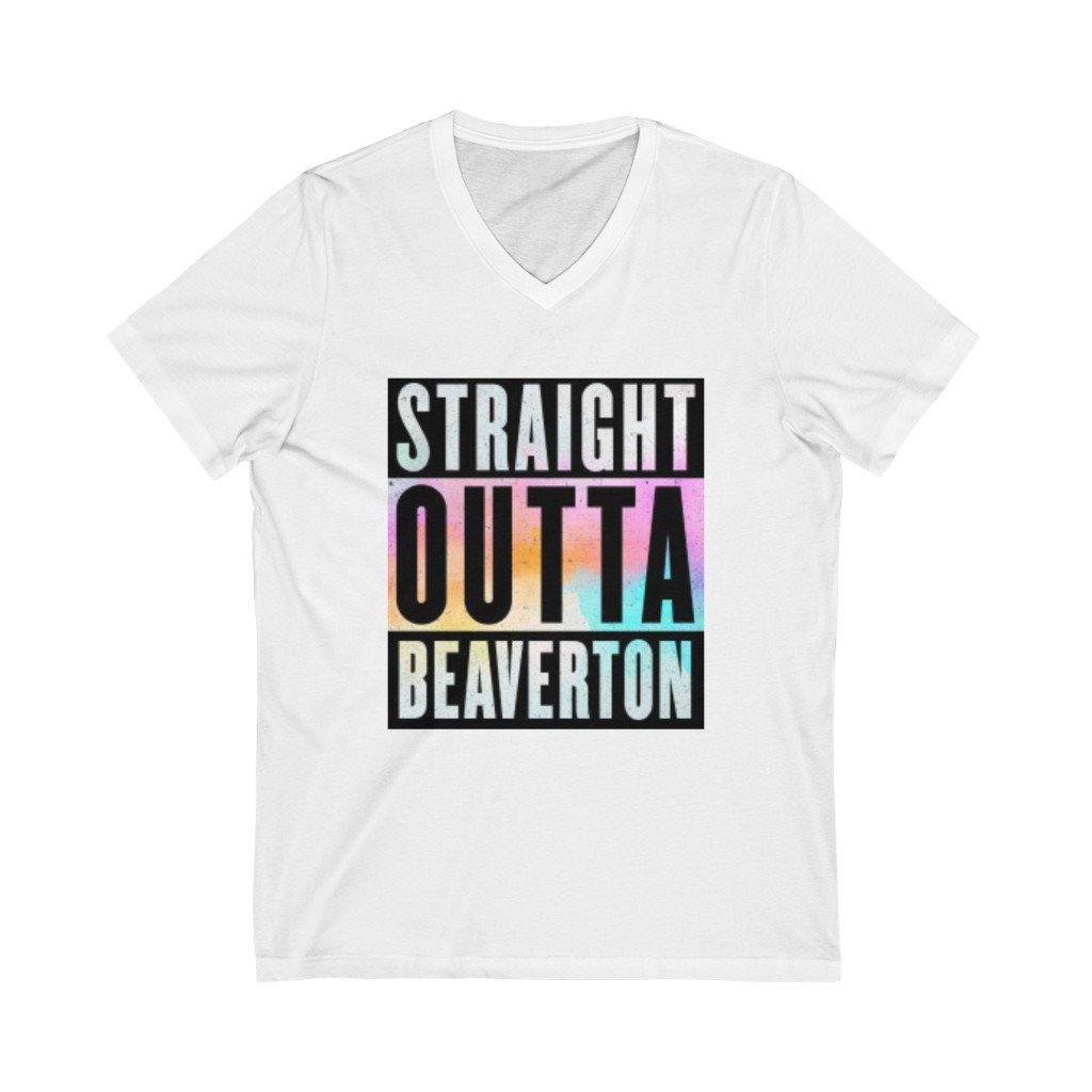 Straight Outta Beaverton Rainbow Unisex Jersey Short Sleeve V-Neck Tee - Munchkin Place Shop 