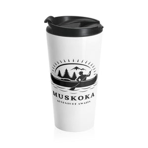 Muskoka Adventure Awaits White Stainless Steel Travel Mug - Munchkin Place Shop 