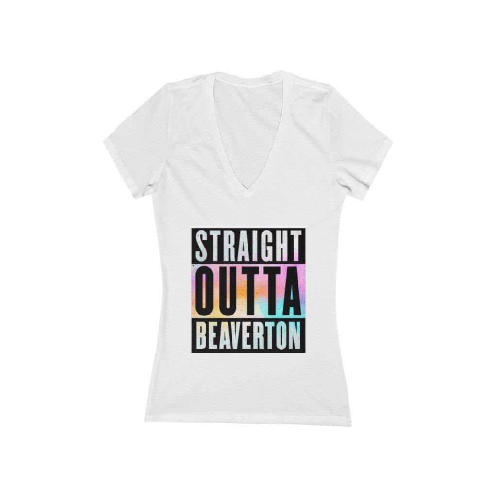Straight Outta Beaverton Rainbow Women's Jersey Short Sleeve Deep V-Neck Tee - Munchkin Place Shop 