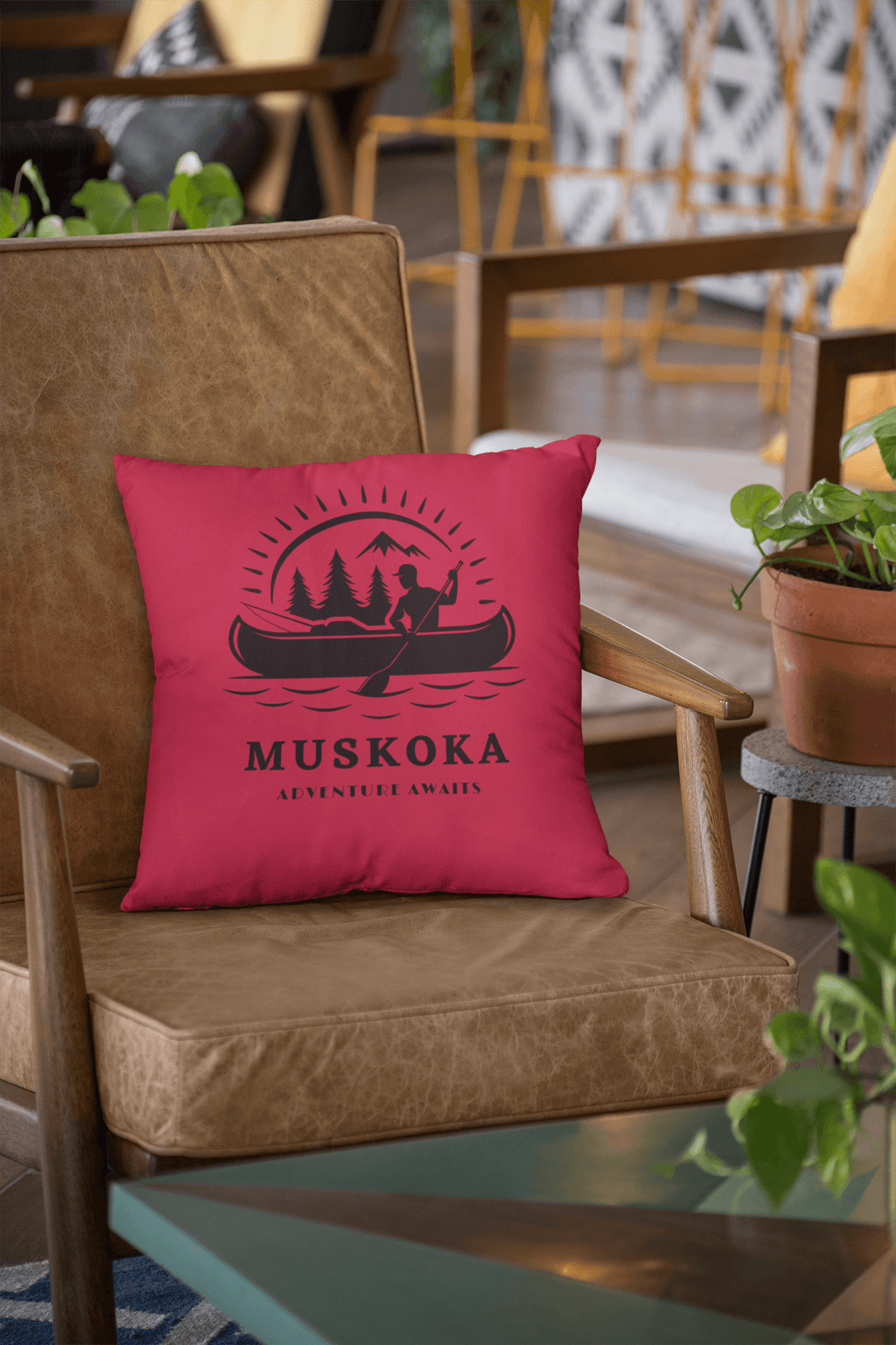 Muskoka Adventure Awaits 14 by14 inch Square Pillow Crimson - Munchkin Place Shop 