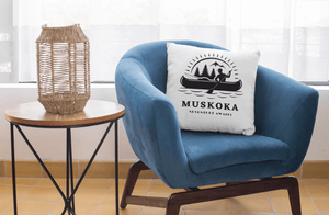 Muskoka Adventure Awaits 14 by14 inch Square Pillow White - Munchkin Place Shop 