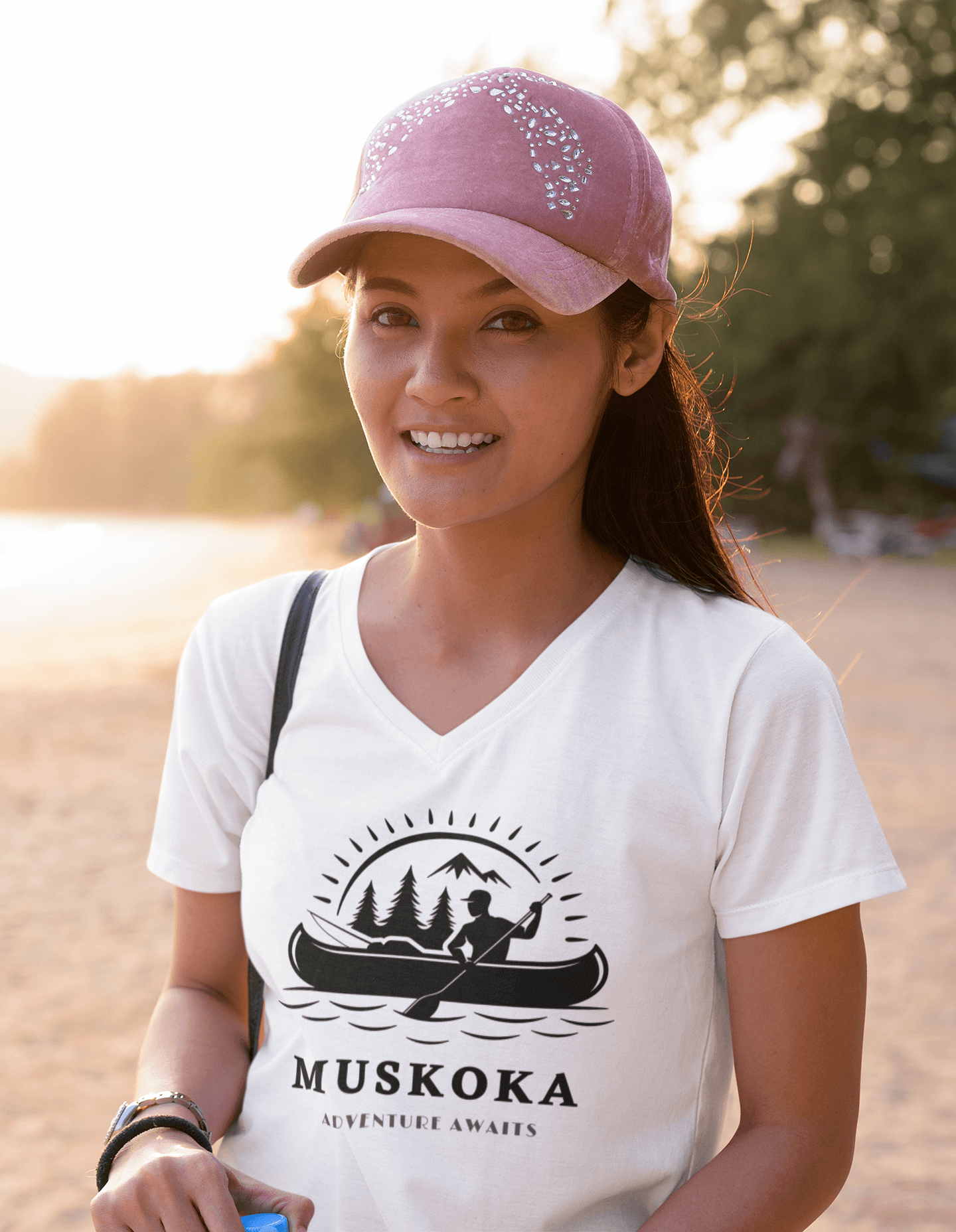 Muskoka Adventure Awaits Women's Jersey Short Sleeve Deep V-Neck Tee - Munchkin Place Shop 